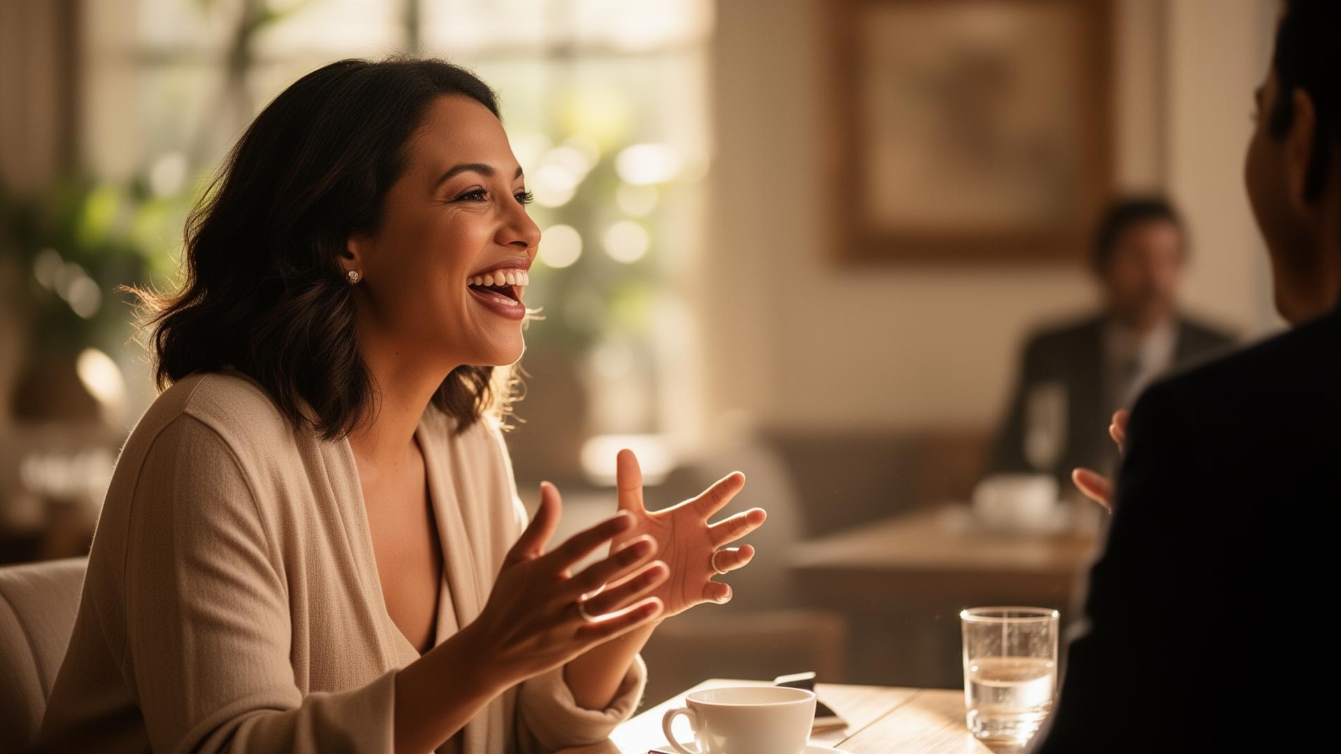 A woman speaking confidently and expressively during a warm conversation