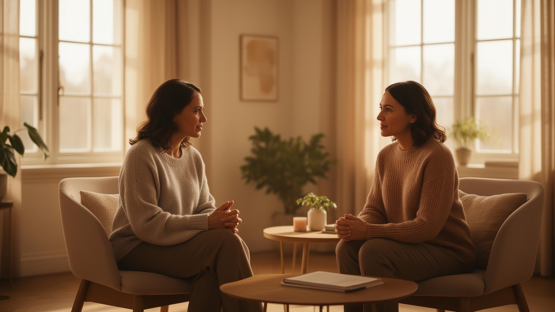 A warm, welcoming consultation between a therapist and a client in a sunlit room
