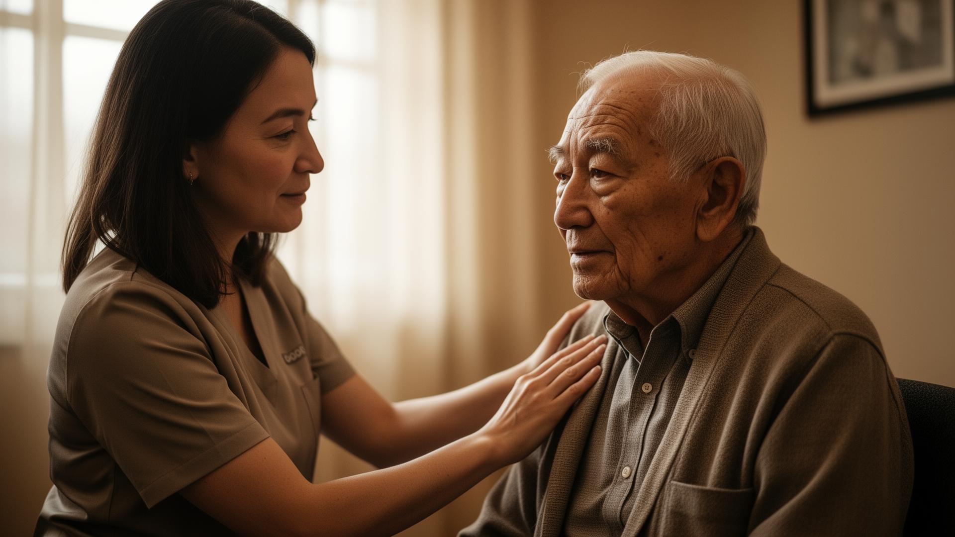 A speech therapist and patient in a warm, supportive session together