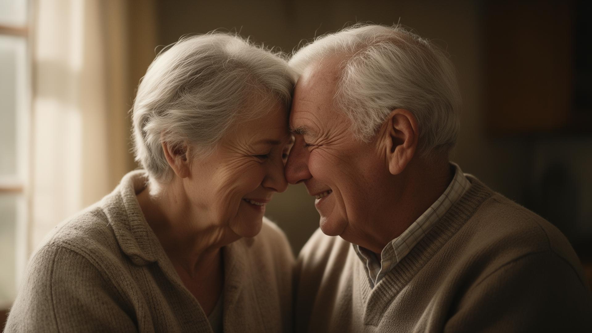 An elderly couple sharing a tender, emotional moment together at home